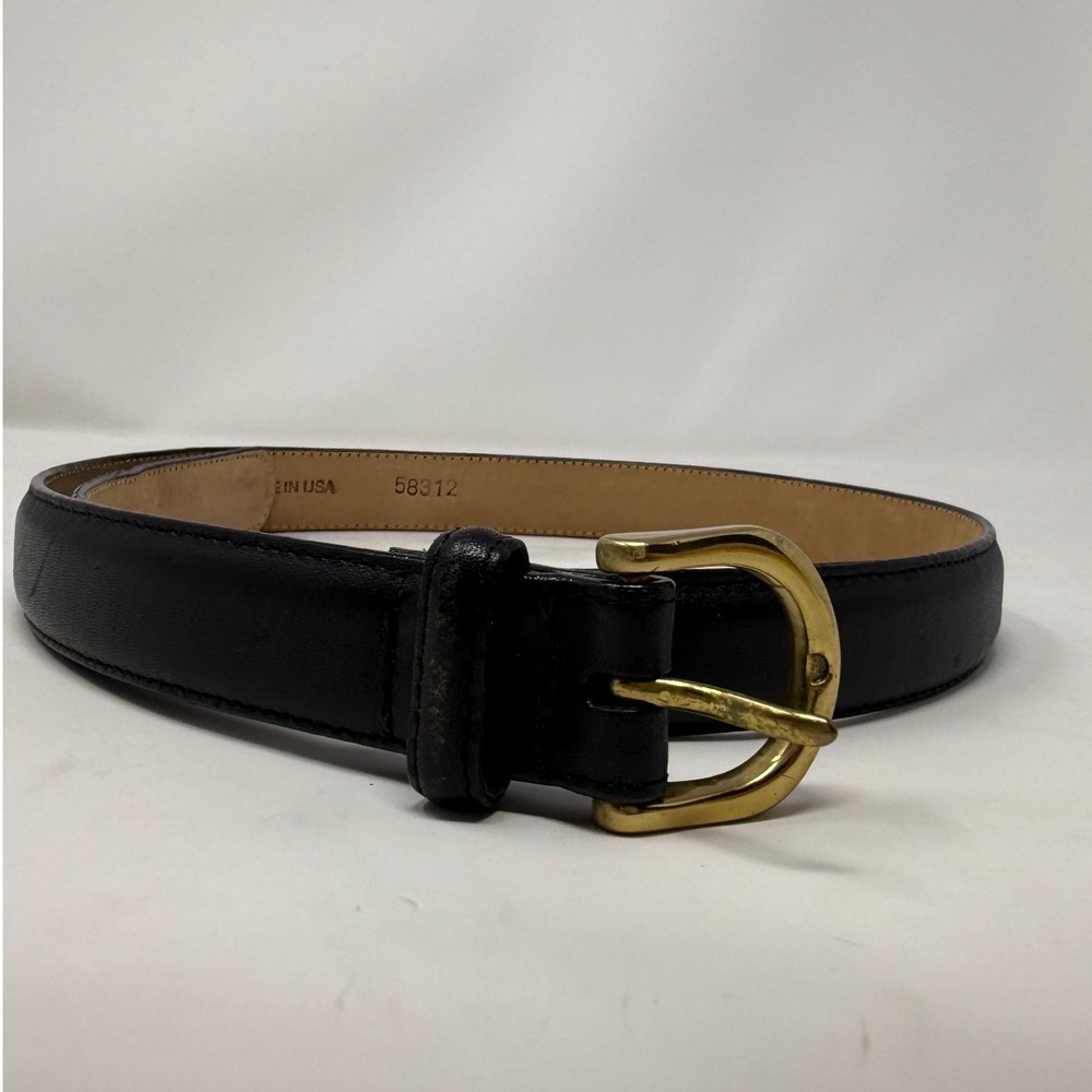 Lands End Black Leather Belt Gold Horseshoe Buckle Made in USA 30 58312